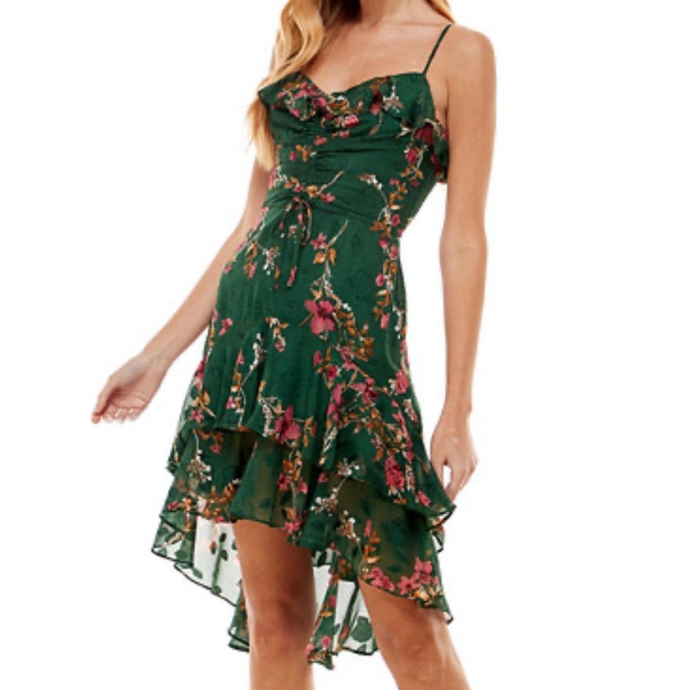 Whimsi Boho Romantic Cottage Core Floral High low Mini Dress Green Pink Y2K 11